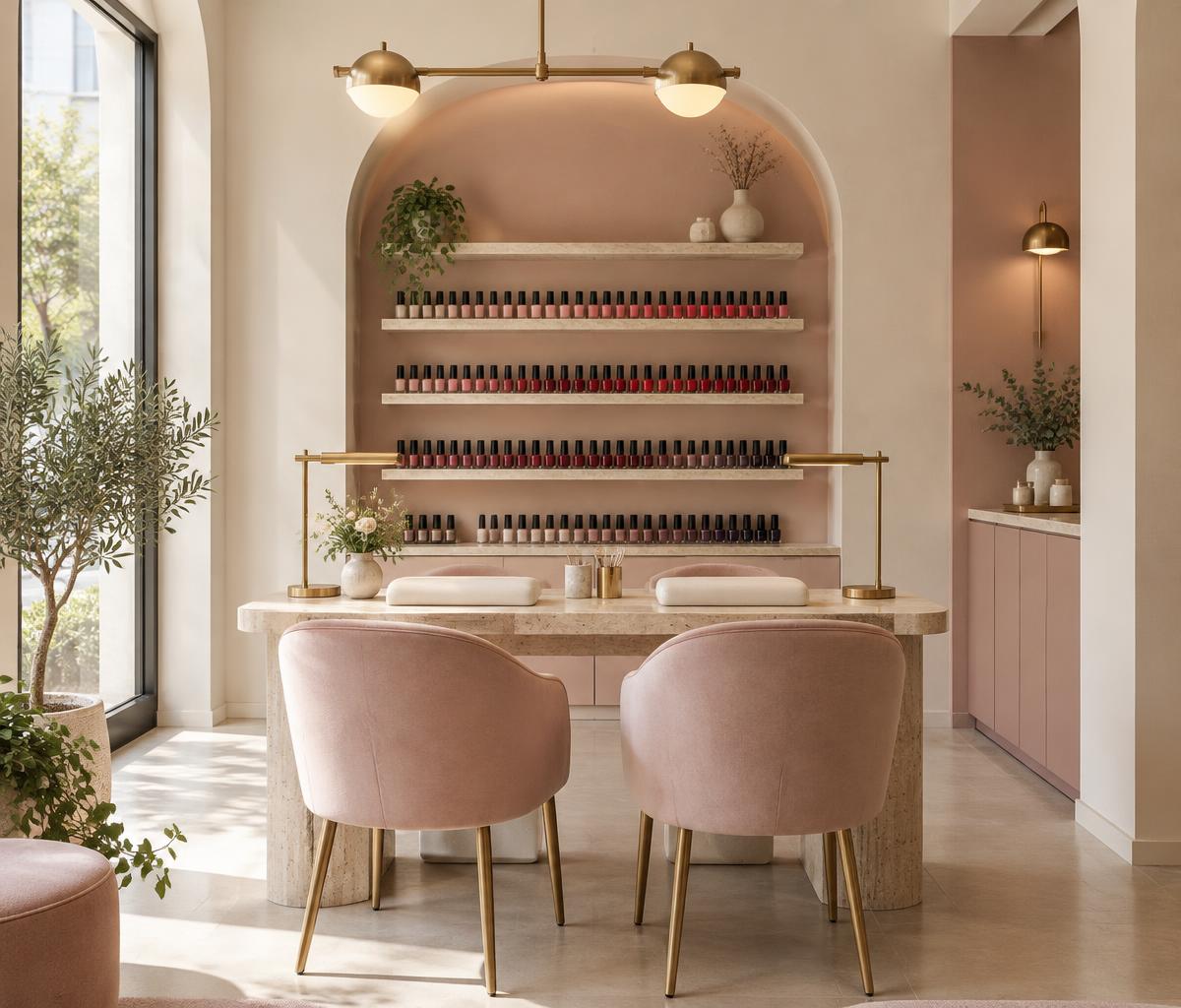 Ambiente ilustrativo de nail studio com poltronas rosadas e luz natural
